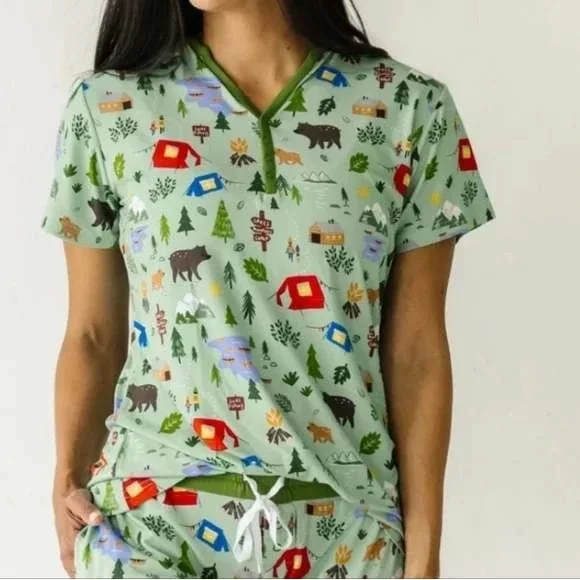 Little Sleepies Women Happy Camper Gorpcore Bamboo Henley Pajama Top Small Green - Picture 2 of 16